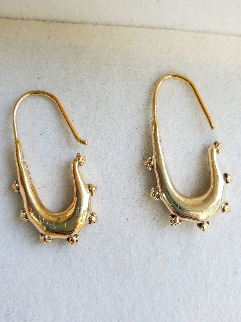 Gold Textured Crescent Drop Earrings with Beaded Accents - 6.78g